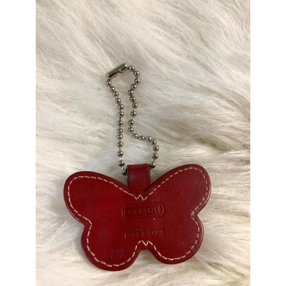 COACH Vintage Butterfly Charm Red Leather Key Ring Purse Fob